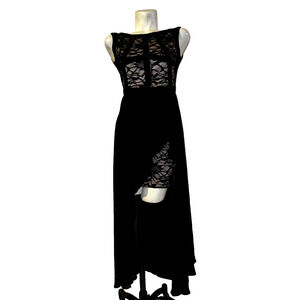 New MORGAN & CO. Sz 3/4 Sexy Black Lace Panel Lined Mini Dress w/Long Sheer Tail